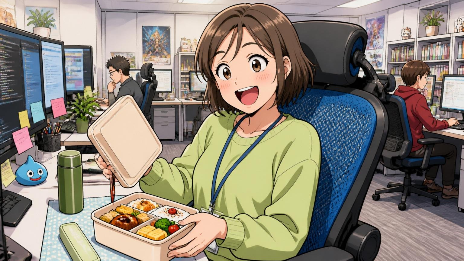意外な福利厚生。中堅ゲーム会社のオフィスで高機能チェアに座って嬉しそうに弁当を広げる女性社員1人