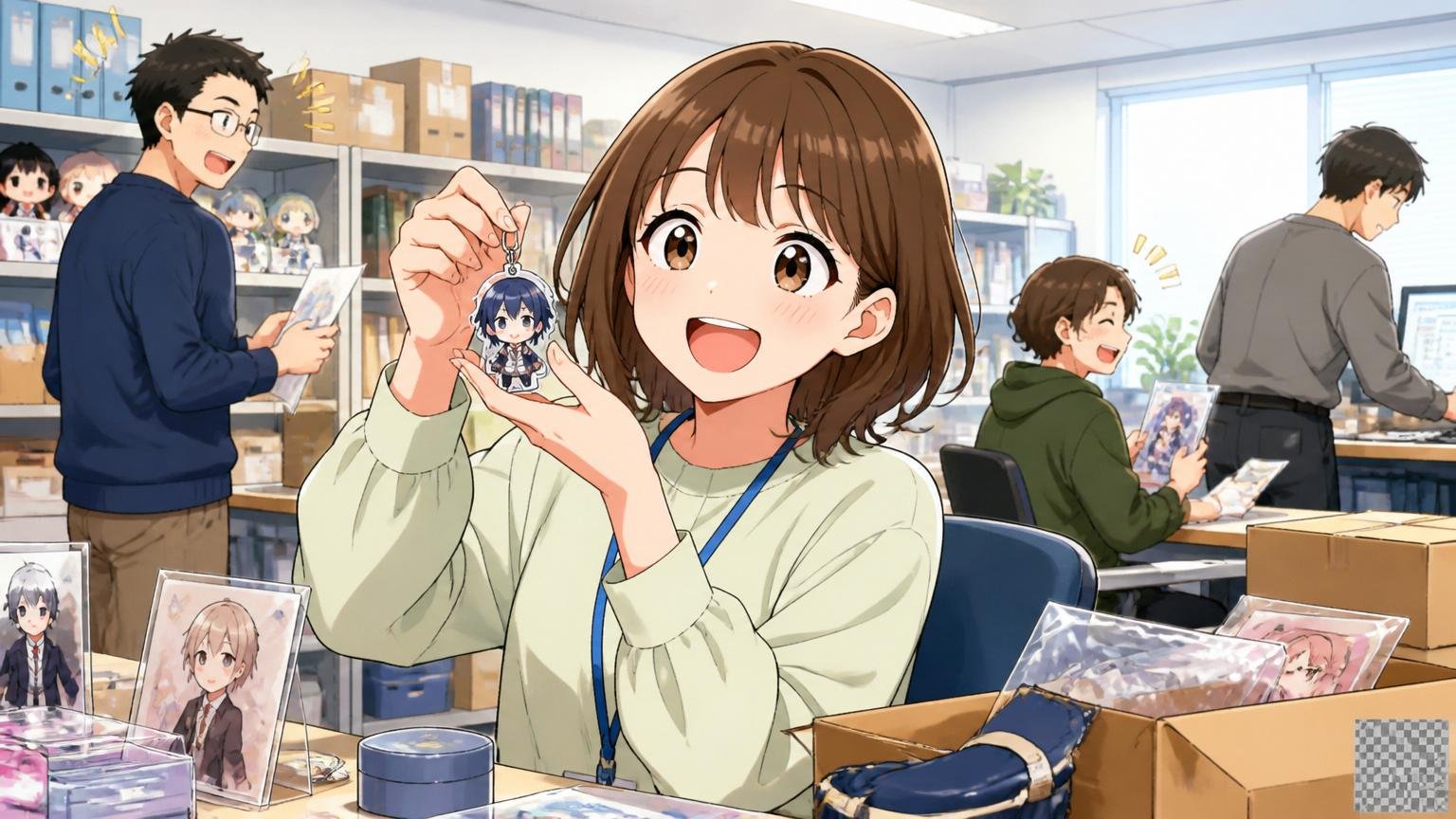 エンターテインメント Groobee|アニメグッズやアーティストグッズが並ぶオフィスで撮影する20代女性1人、楽しそうな表情