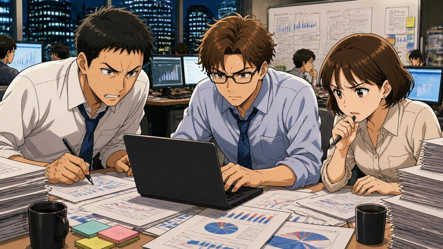 投資銀行のフロアで深夜に3人のコンサルタントがパワーポイント資料を作成中で集中した表情