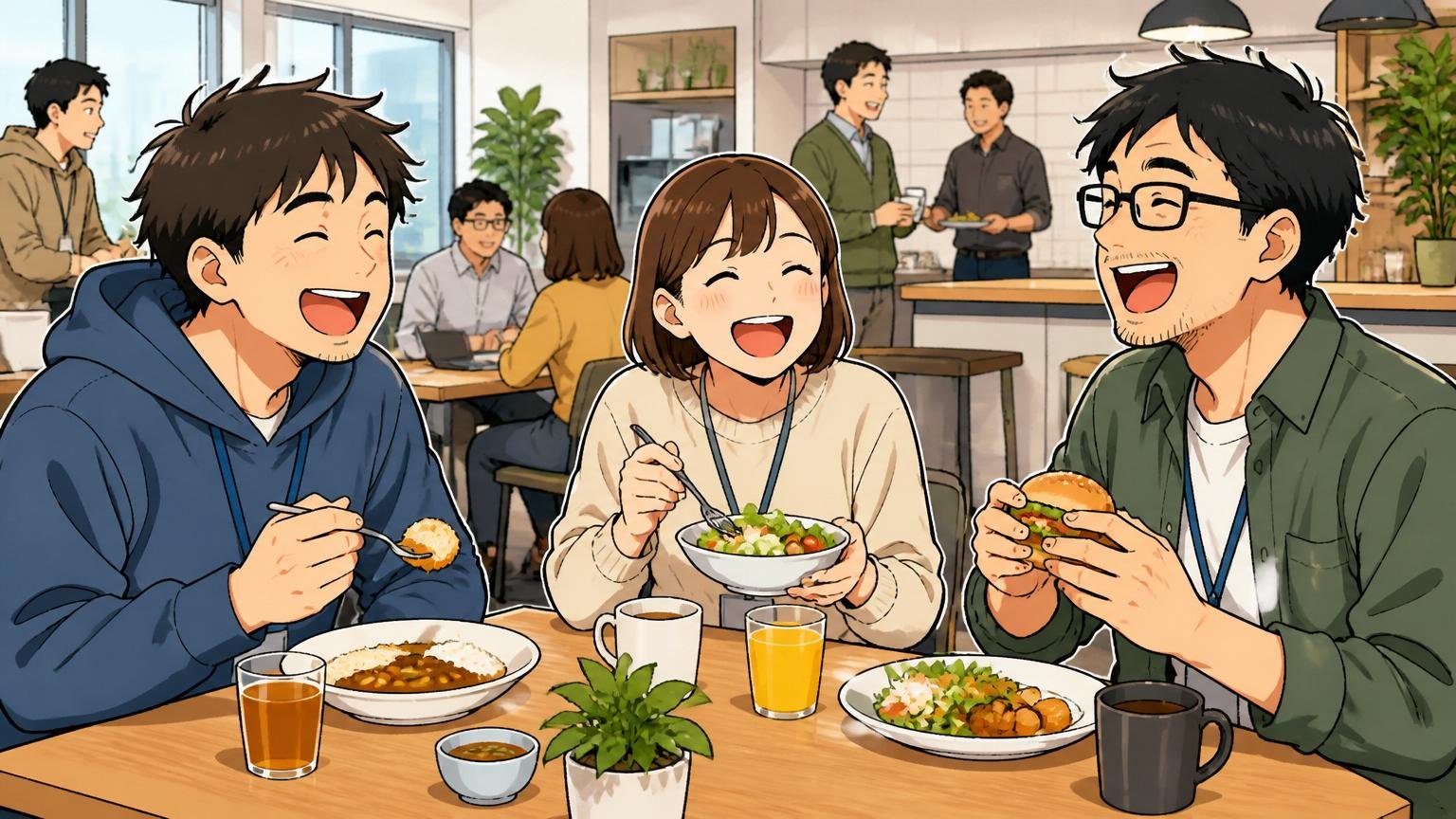 朝食・ランチ・ドリンク無料の福利厚生、Web系スタートアップのカフェスペースで無料ランチを楽しむ30代男女エンジニア3人、リラックスした笑顔