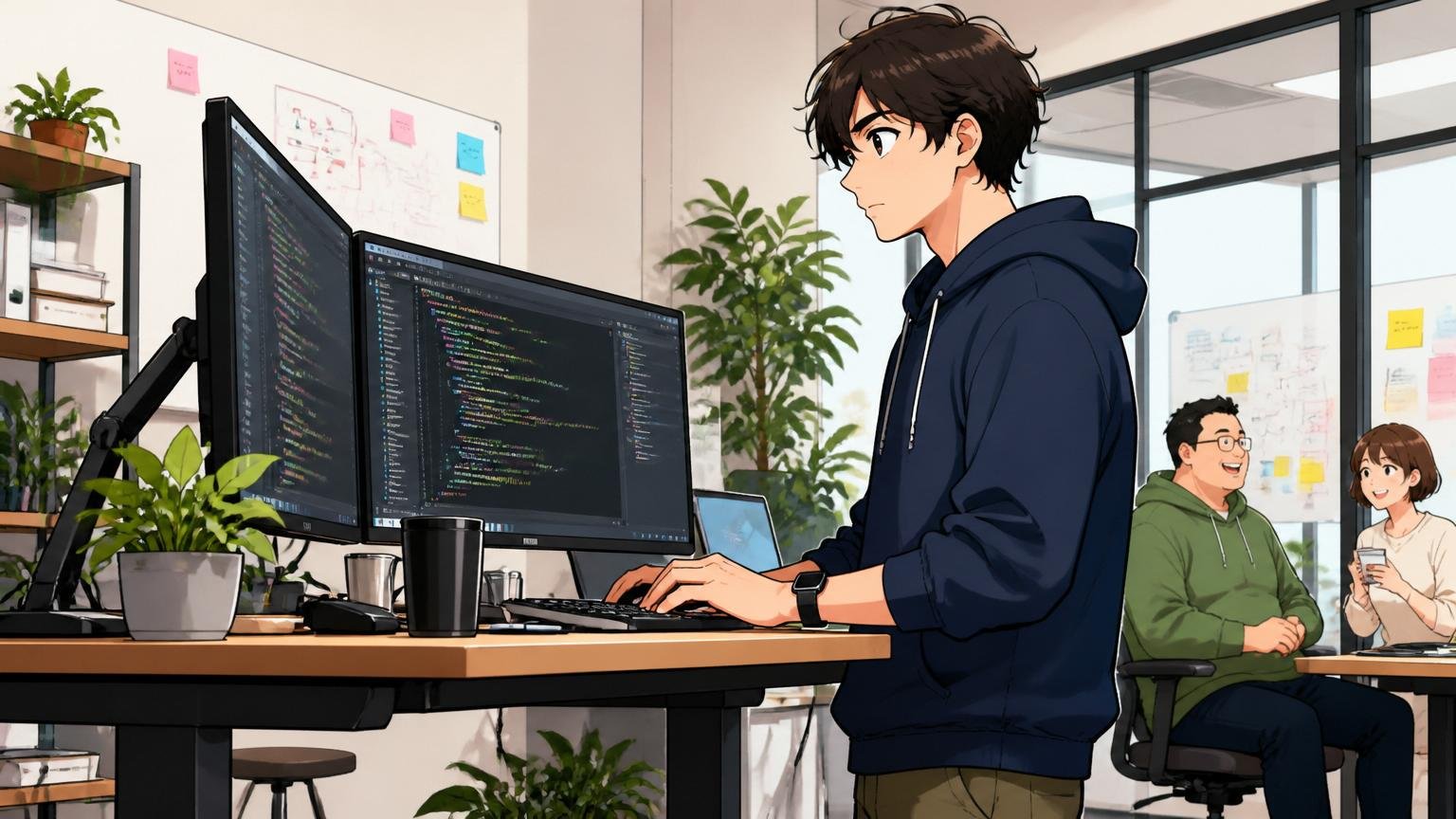 Web系スタートアップのオフィスでモダンなIDE画面とスタンディングデスクで集中する20代後半男性エンジニア1人