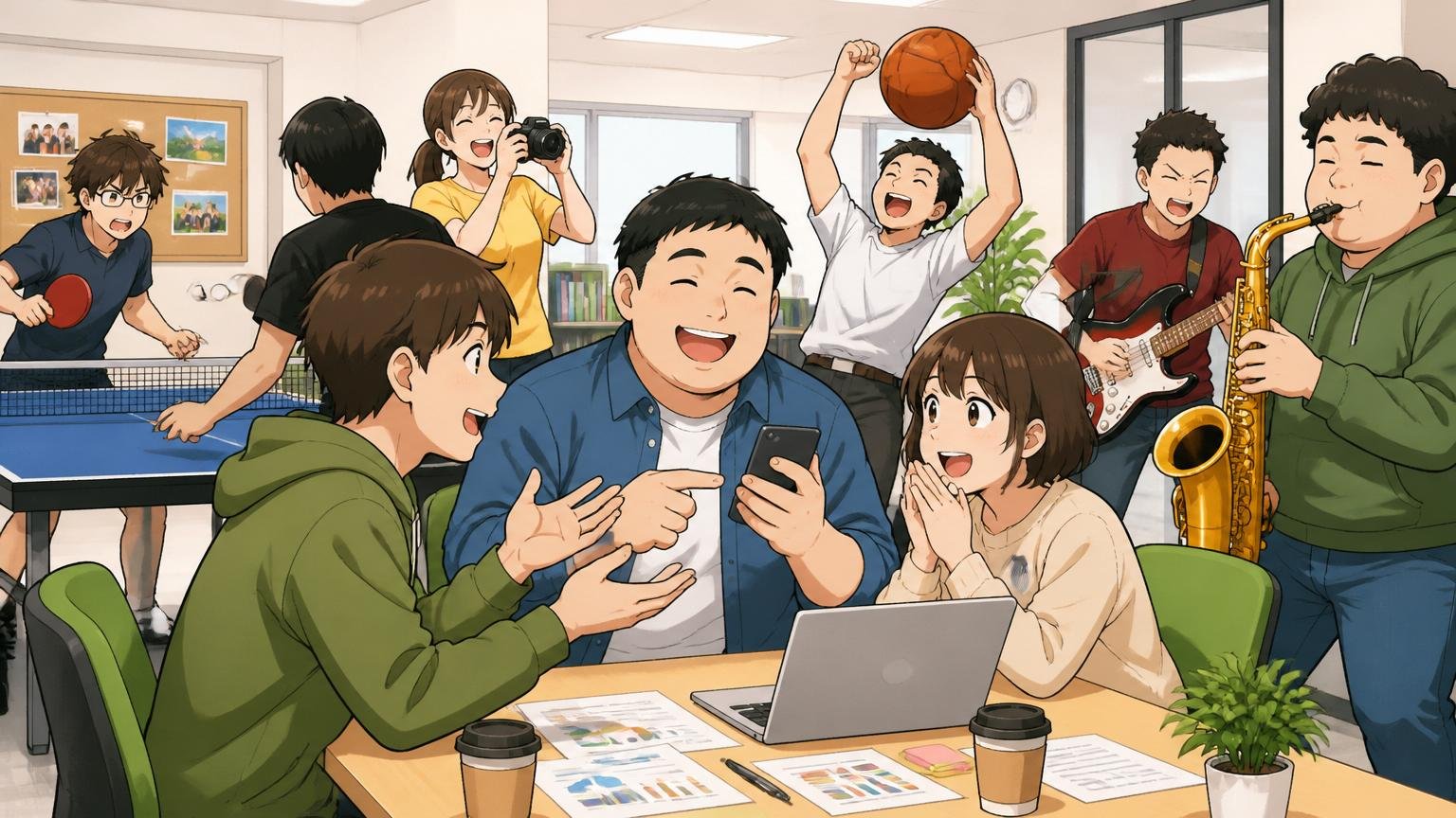 ALH社内コミュニティと部活動の活発さを示す企業のオフィスで社員同士が交流する明るい雰囲気
