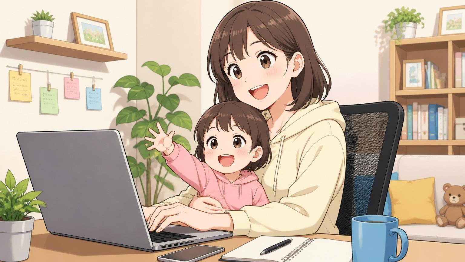 週5フルリモートが可能、自宅で在宅勤務する30代女性エンジニアが小さな子供を抱きながら笑顔