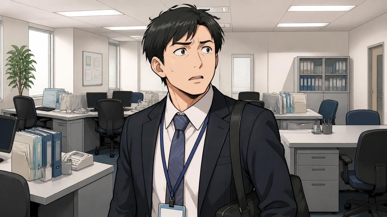 SREホールディングスをやばいと感じやすい人、企業のオフィスで戸惑った表情の30代男性1人、孤立した雰囲気
