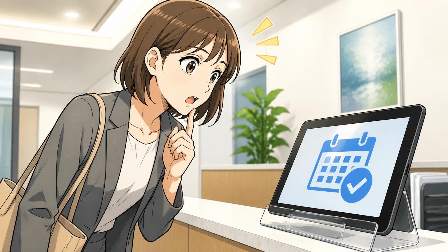オフィスの受付で有給休暇申請の表示を確認する30代女性社員1人