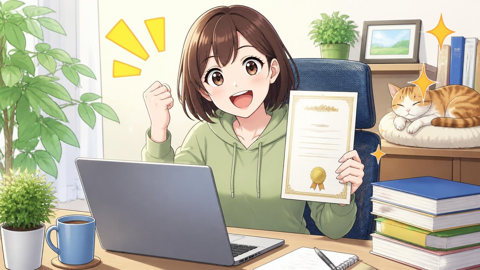 在宅手当と資格取得報奨金｜自宅のデスクで在宅勤務する若手女性エンジニアが在宅環境で快適そうに作業する笑顔