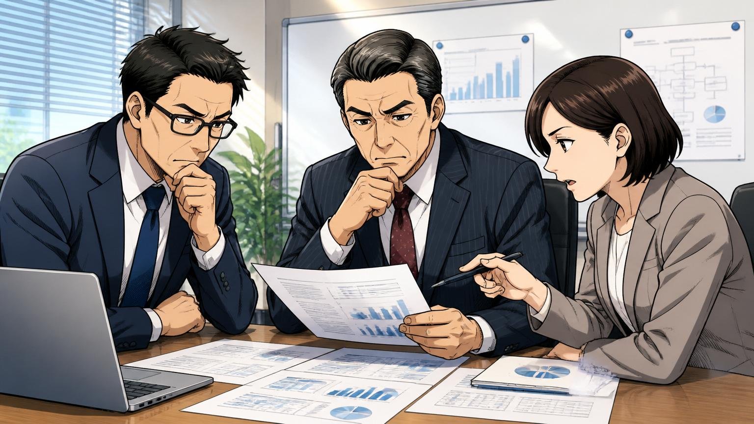 企業の会議室で安定した雰囲気のスーツ姿のミドル世代3人がじっくり書類を確認し落ち着いた表情で慎重に議論している