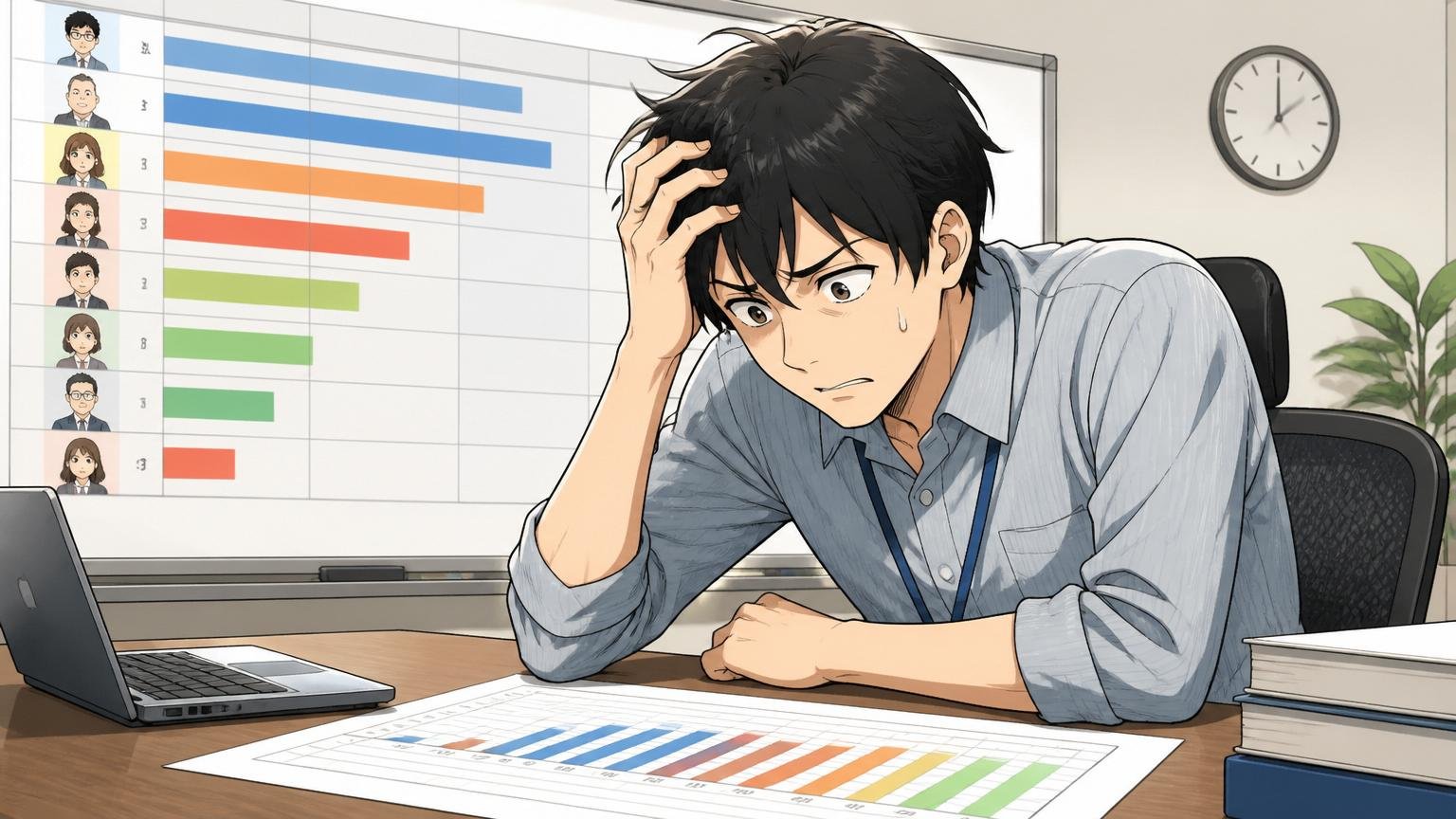 老舗SIerの会議室で年収比較表を見ながら頭を抱える30代男性エンジニア1名、考え込む表情