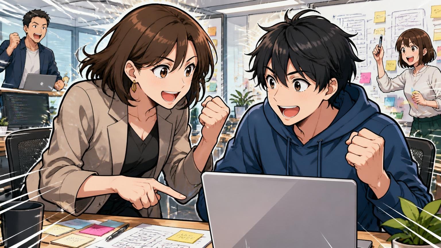 「成長機会しかない」と言わせる環境。Web系スタートアップのオフィスで30代女性エンジニアと20代男性若手の2人が、新規プロジェクトに挑む熱意溢れる表情
