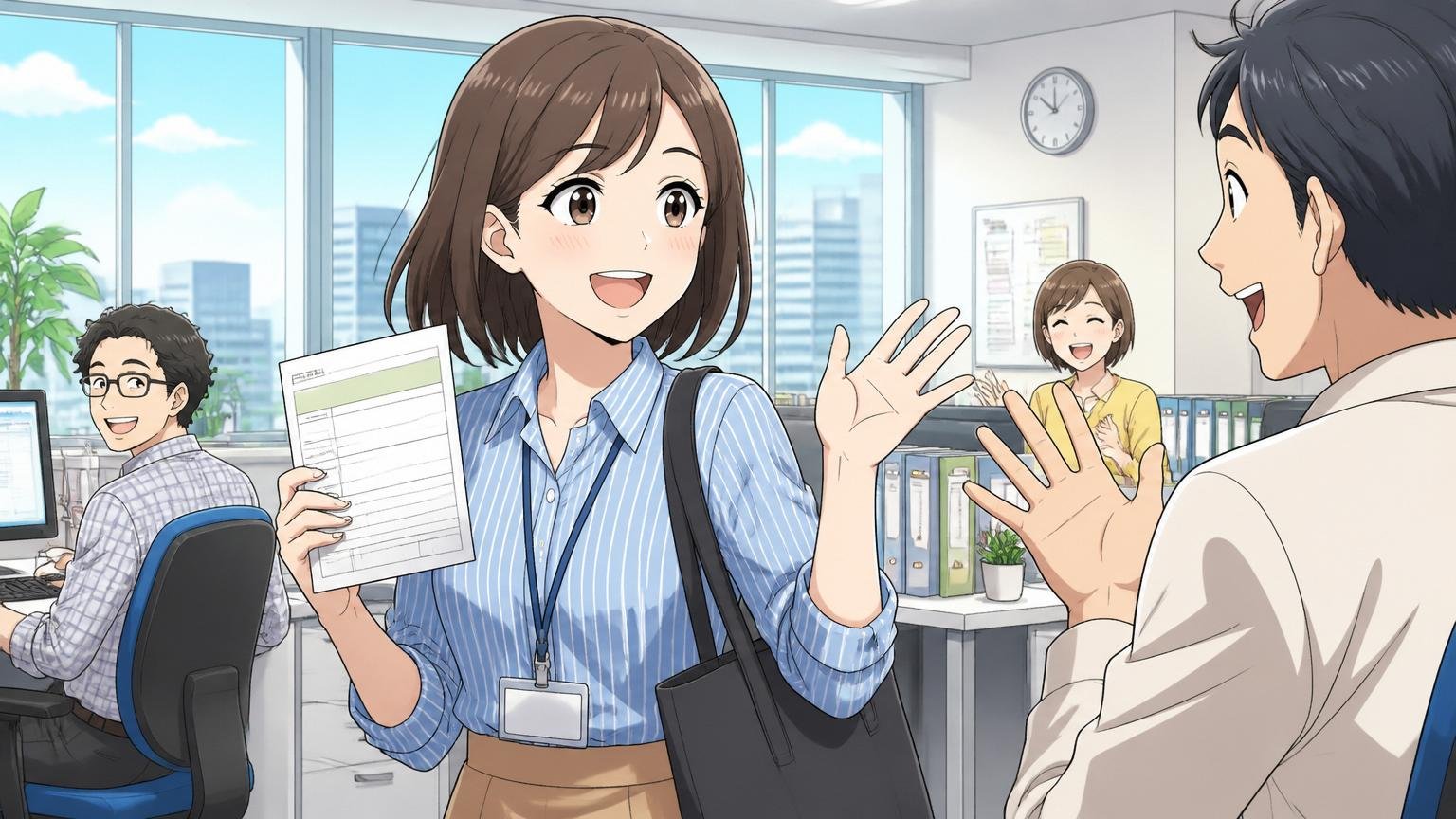 年間休日120日・有給は取りやすい雰囲気 都心の事業会社のオフィスで有給申請を出して笑顔で同僚に挨拶する女性社員