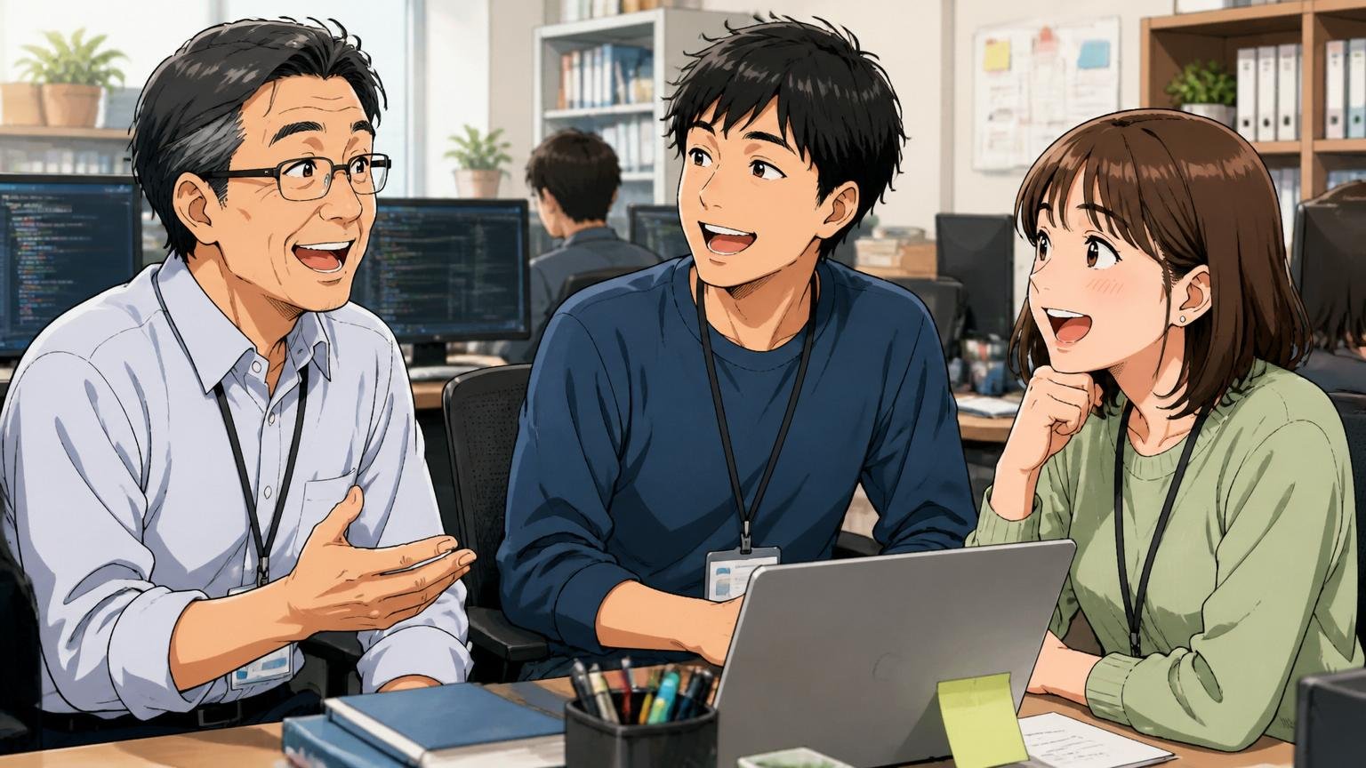51期連続黒字・離職率の低さによる安定性のシーンで、SIerの開発現場で50代男性と20代男女2人が和やかに会話し、長年同じ職場で働いている雰囲気を醸し出している