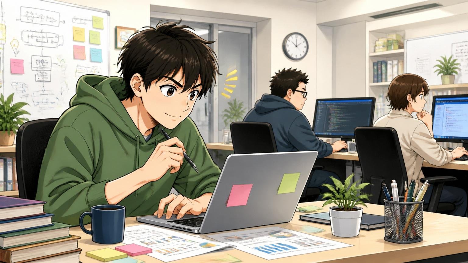 「人材の長期育成2.2」の実態を表すWeb系スタートアップのオフィスで自走で資料を作る若手エンジニア1名と離れた席で別作業中の先輩2名の様子
