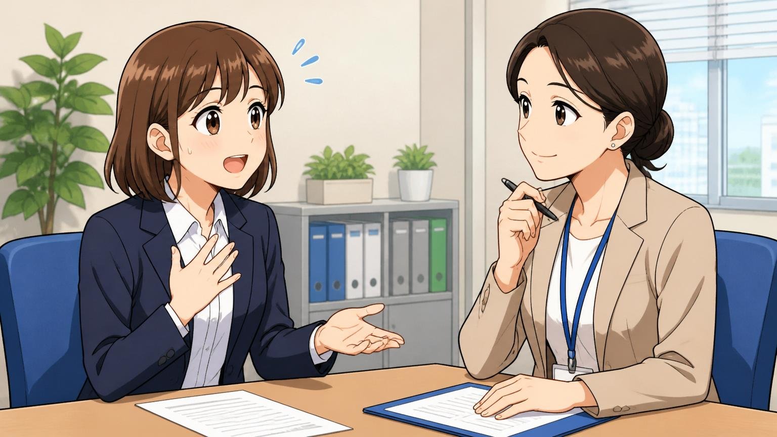 部署移動の希望面談をする20代女性社員と人事担当者のオフィスシーン