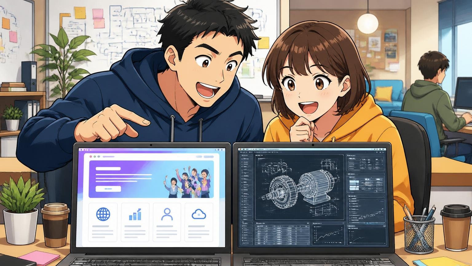 Web系と製造業系の違いを比較するエンジニア2人、Web系スタートアップのオフィス、男性1人女性1人、PCの両画面を見比べて納得した表情