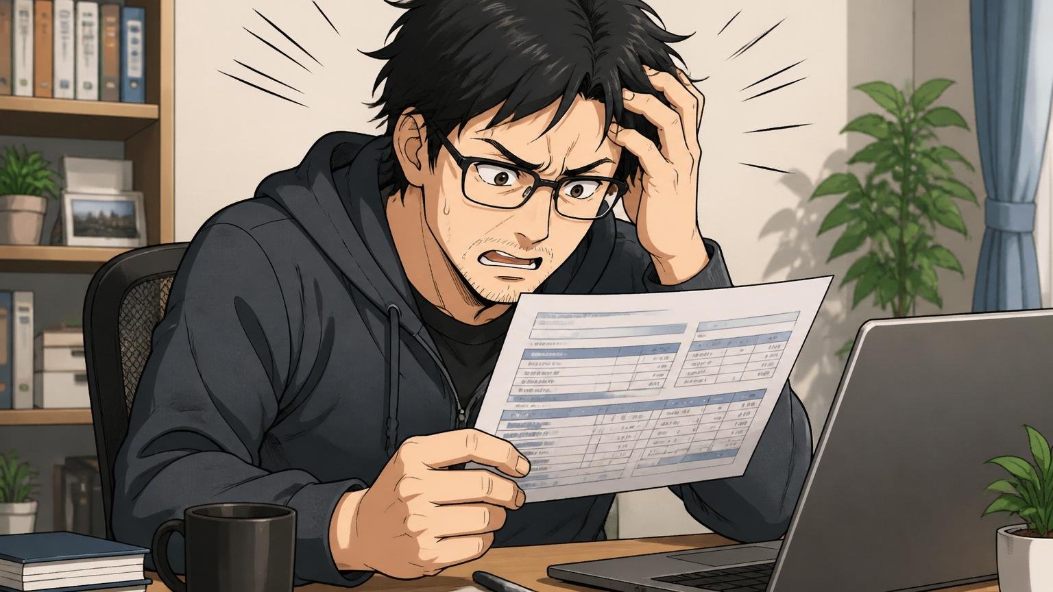 自宅のデスクで在宅勤務中に給与明細を見て不満そうな表情を浮かべる30代後半のエンジニア