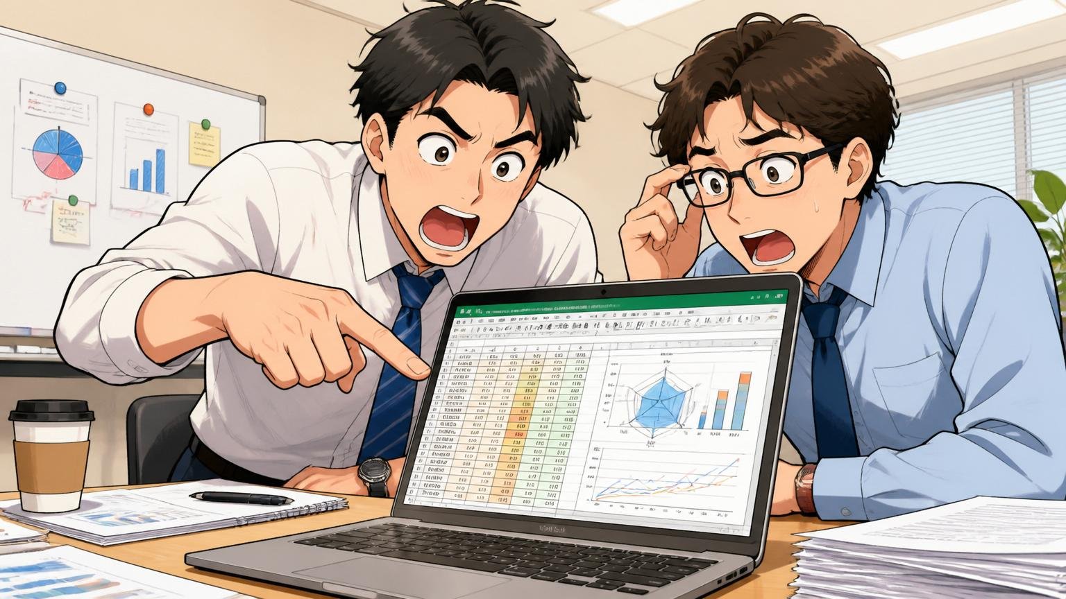 企業の会議室でOpenWorkの評価項目をスプレッドシートで分析する2人の中堅社員