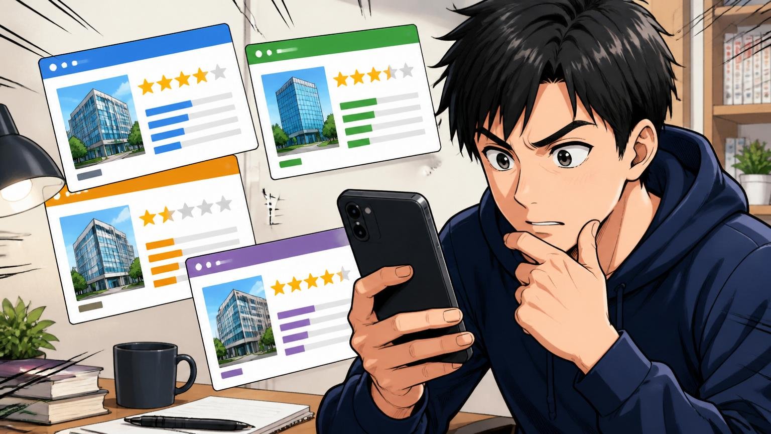 企業の口コミサイト評価点数を比較する20代後半男性エンジニア1人がスマホで複数画面を見比べる