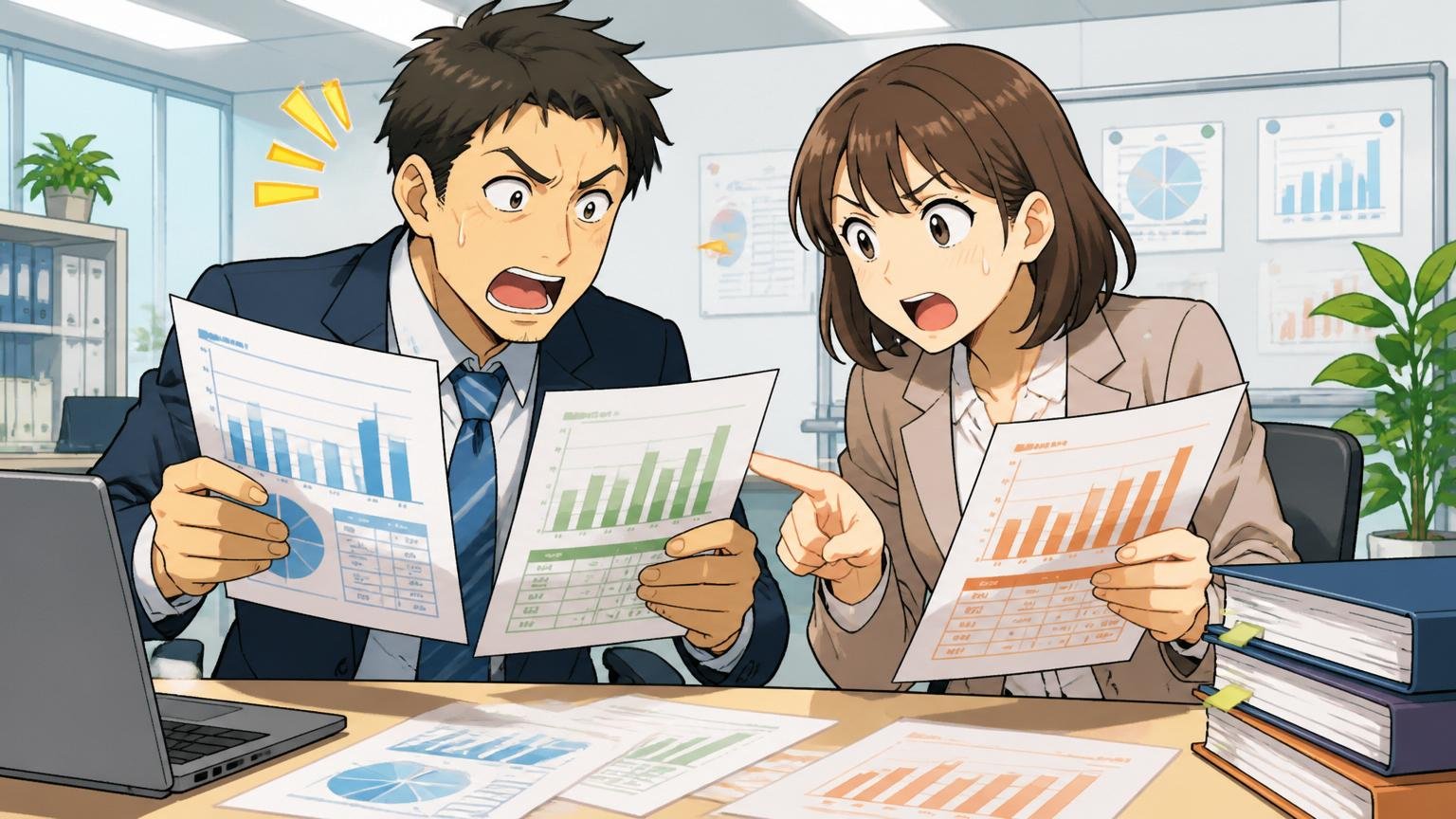 企業のオフィスで男女ビジネスパーソン2人が複数の年収データソースを比較している