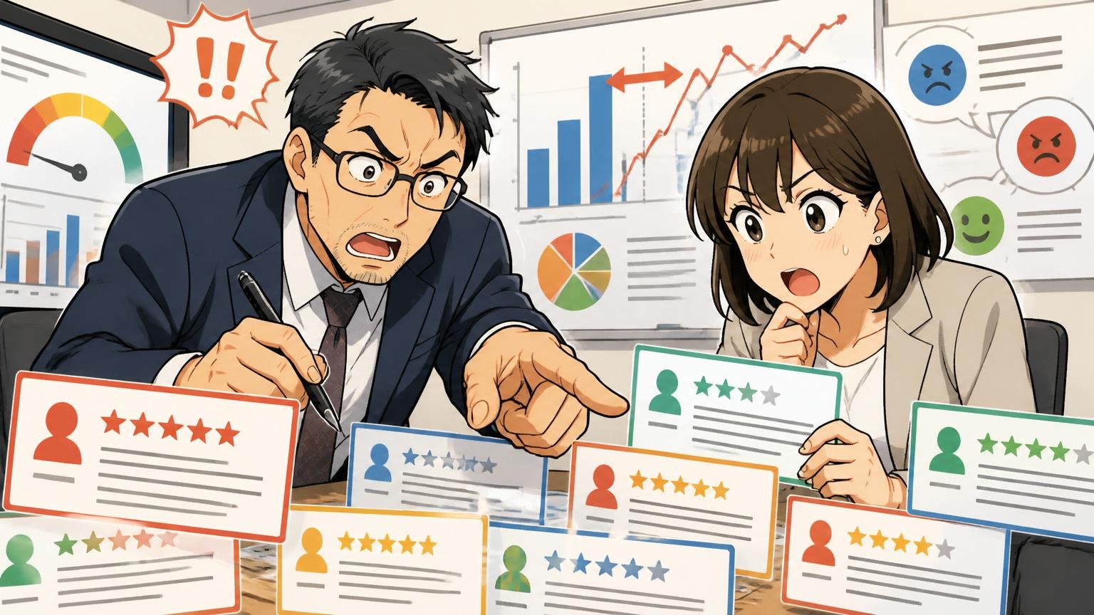 数値と口コミのギャップから読み解く、企業の会議室で40代男性アナリストと30代女性が複数の口コミレビューを照合する場面