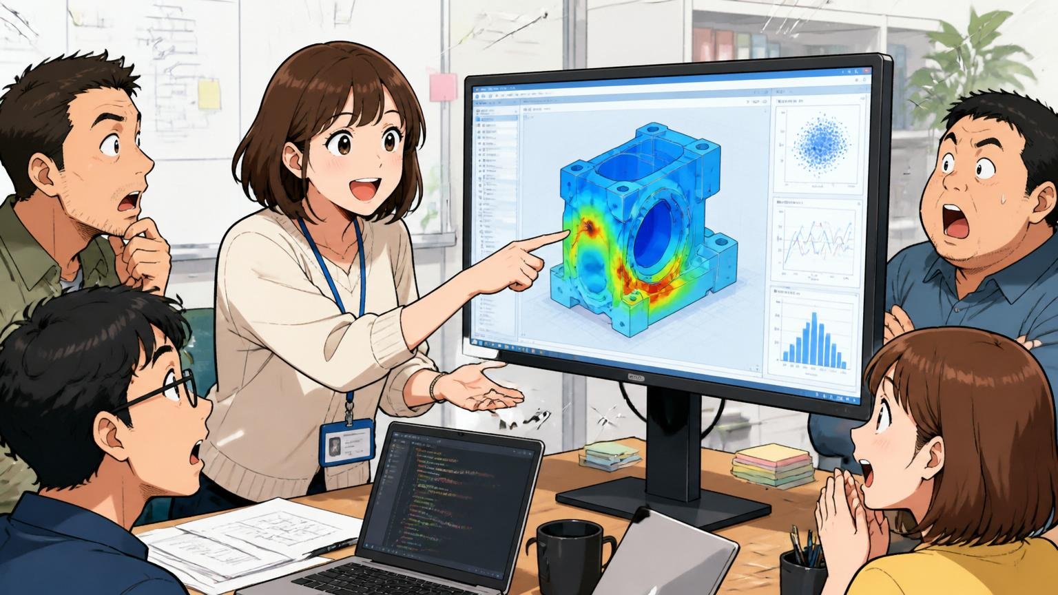 機械学習エンジニアの30代女性が3D図面の解析結果をモニターで確認してメンバーに説明する