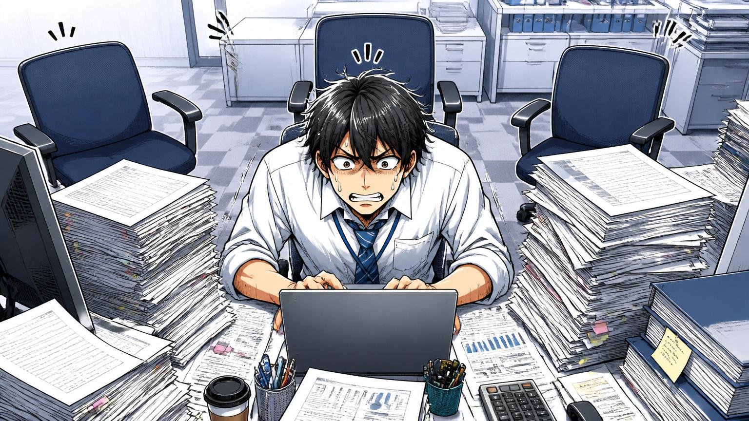 一人に仕事が集中して圧迫されるエンジニア、SIerの開発現場で1人だけが書類とPCに囲まれて消耗する表情、周囲に空席3つ