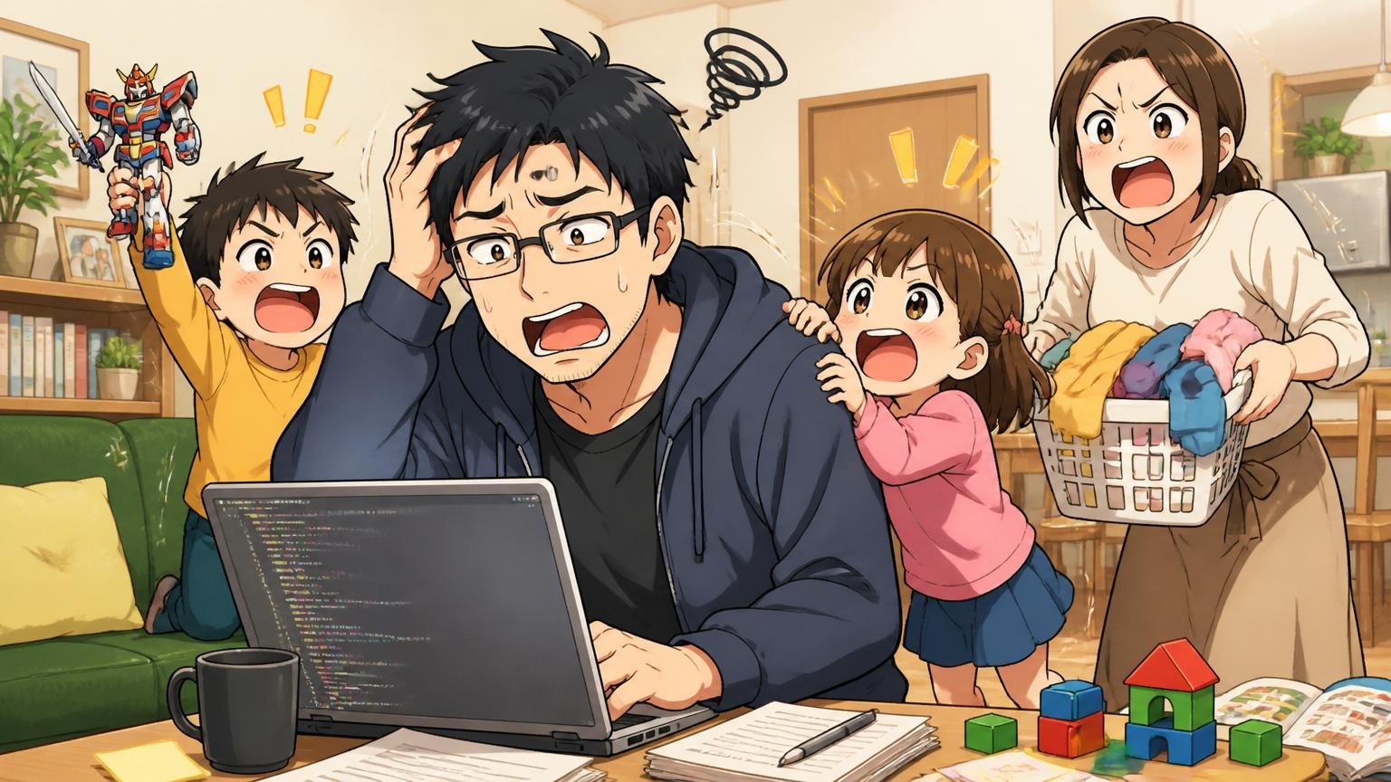 自宅のリビングで家族と団欒する父親エンジニアが残業の予測しづらさに困惑する場面