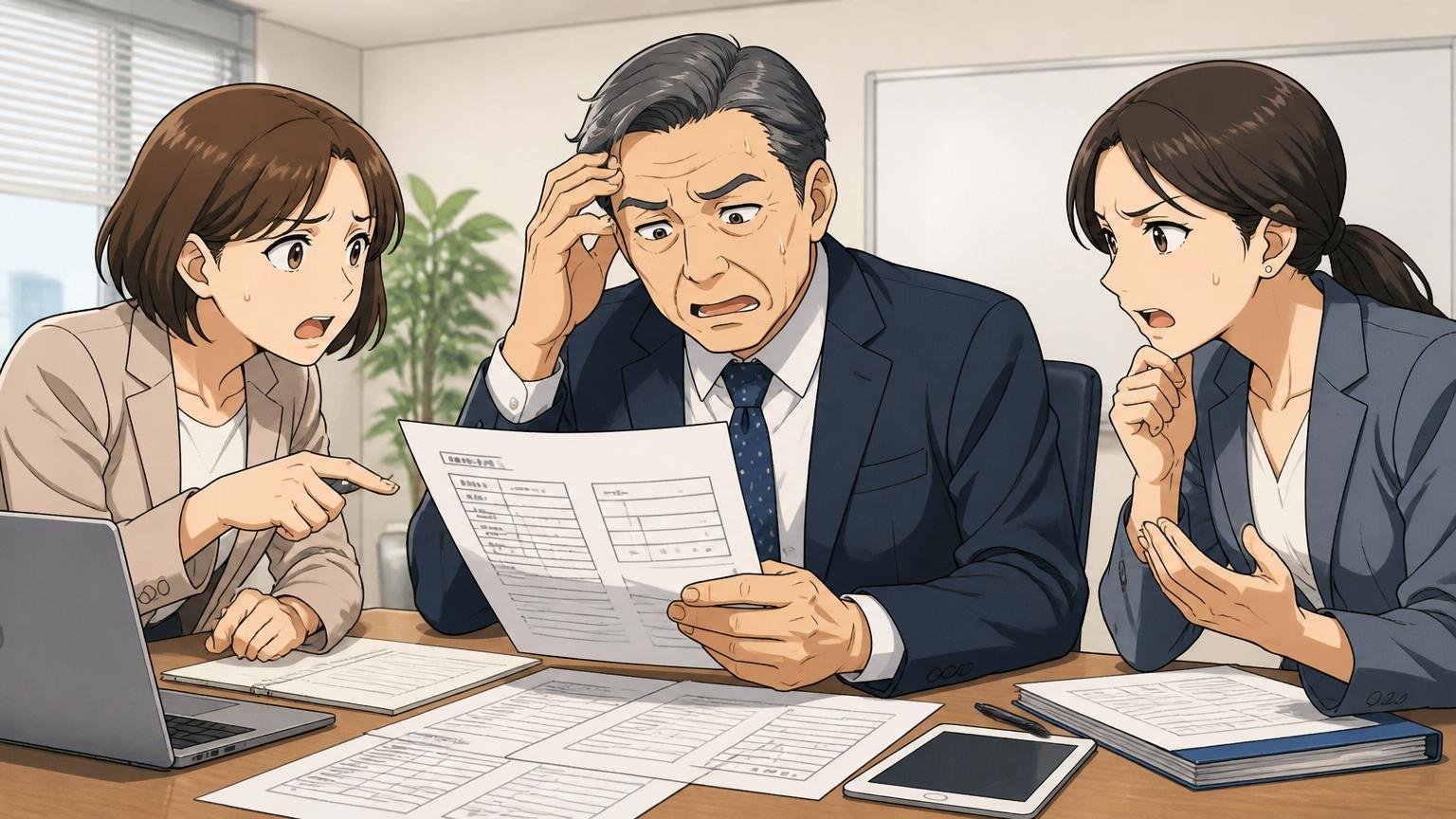 企業の会議室で稟議書を見ながら困った表情で意見を交わすベテラン男性とコンサルタント女性2人