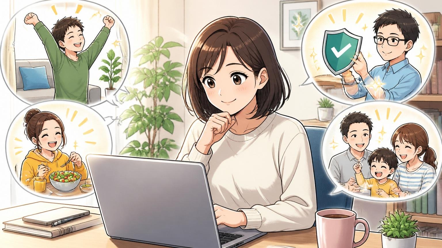 在宅勤務・福利厚生・コンプライアンスの充実、自宅のデスクで在宅勤務する30代女性エンジニア1人がノートPCを前にリラックスした表情