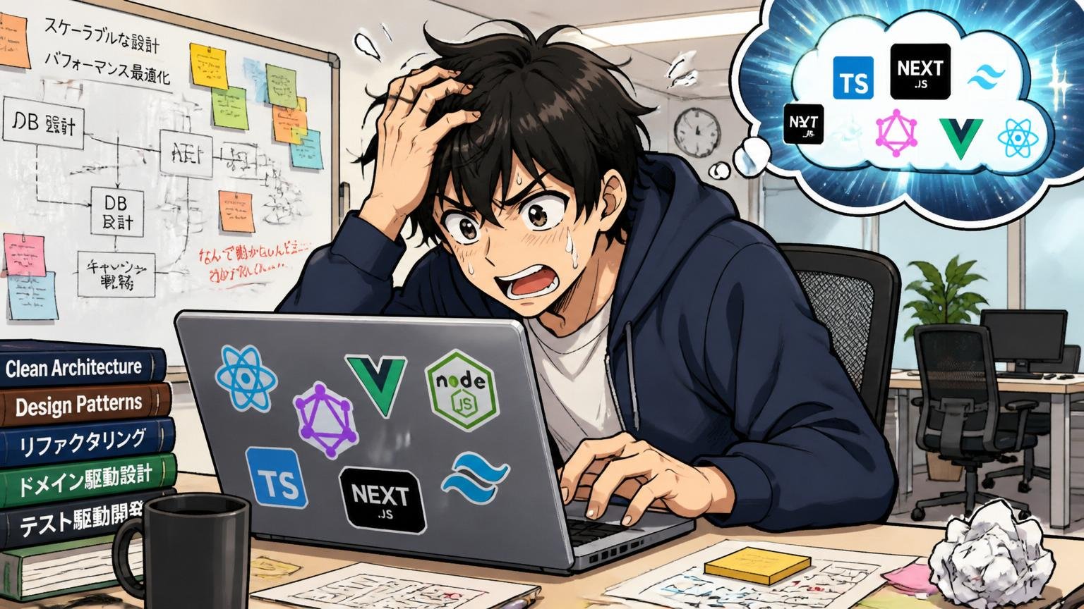 向いていない人の特徴。Web系スタートアップのオフィスでモダンな技術スタックを使いたい若手エンジニア1人がもがくシーン
