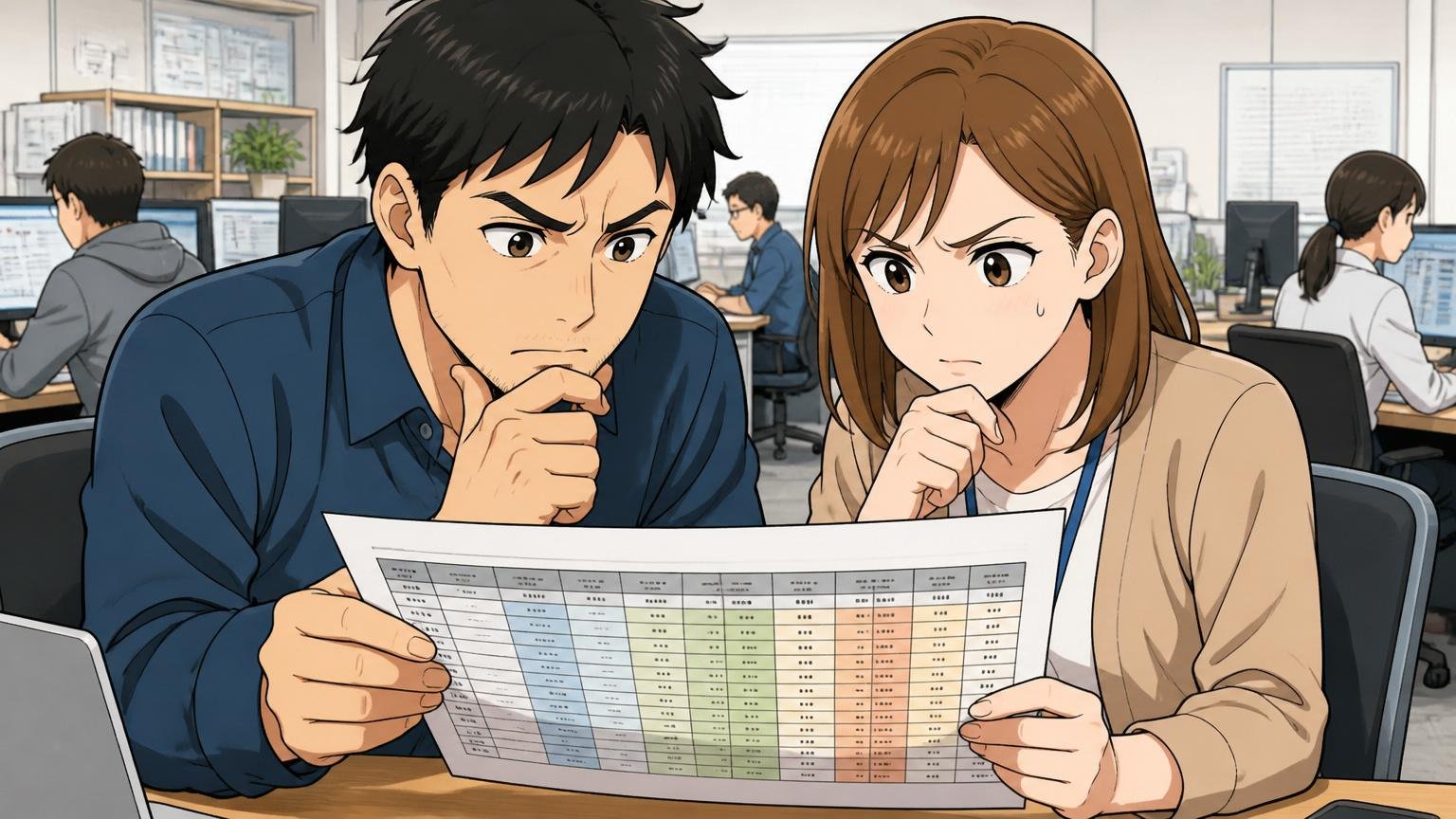 企業のオフィスで30代男性エンジニア1人と30代女性エンジニア1人が年収レンジ表を真剣な表情で確認