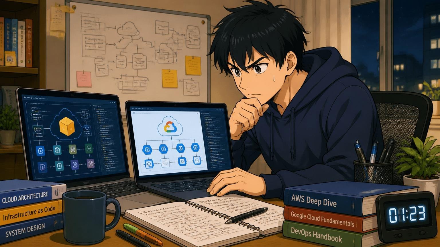 自宅のデスクで在宅勤務をする男性エンジニアが、AWSとGCPの学習サイトを開いて夜遅くまでキャッチアップしている真剣な表情