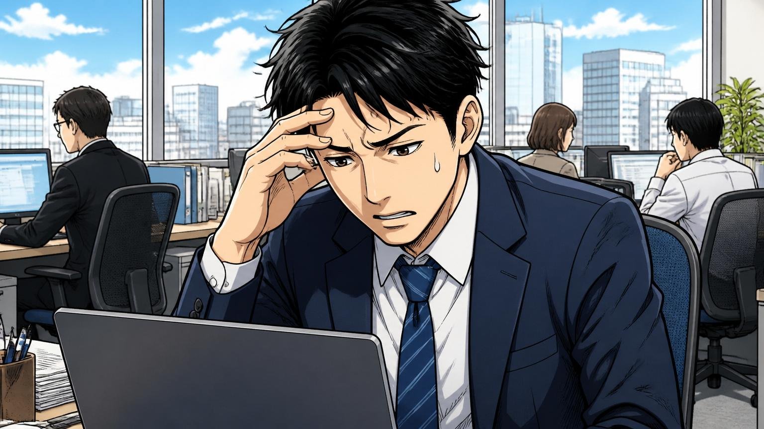 都心のオフィスビルの窓際でPC画面を見つめながら不安そうな表情を浮かべる30代男性社員
