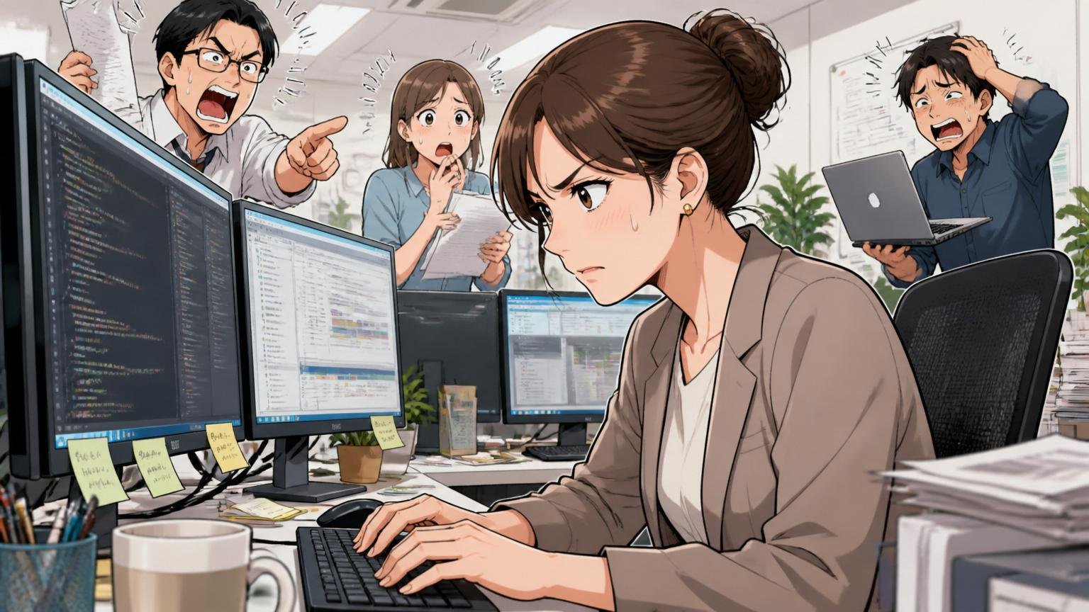 業務量とミスへの厳しさ・Web系企業のオフィスで30代女性1人が複数モニターに囲まれ集中している