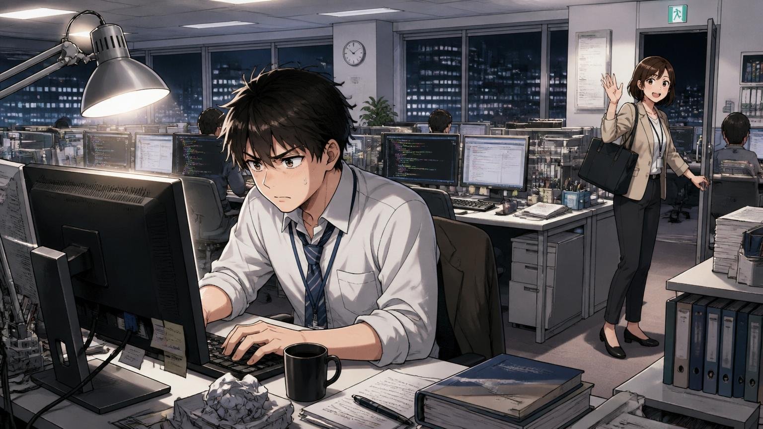 残業時間と働き方のリアル。SIerの開発フロアで深夜のデスク灯のもとコーディングを続ける男性エンジニア1人と、退勤する女性エンジニア