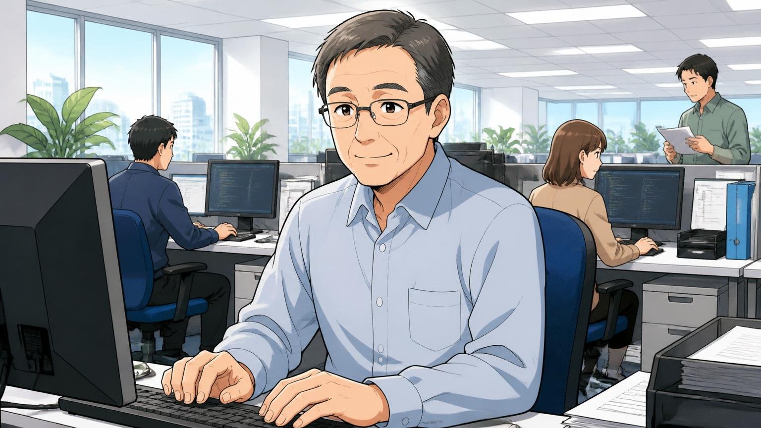 「超ホワイト」と評する社員の声 川崎のオフィスで50代男性エンジニアが穏やかな表情でデスクワークをする場面