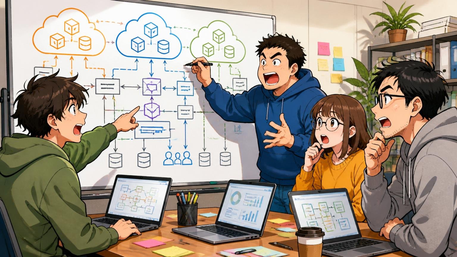 AWS／GCP／SAPまでカバーするマルチクラウド体制/Web系スタートアップのオフィスで男女エンジニア4人がクラウドアーキテクチャ図を議論