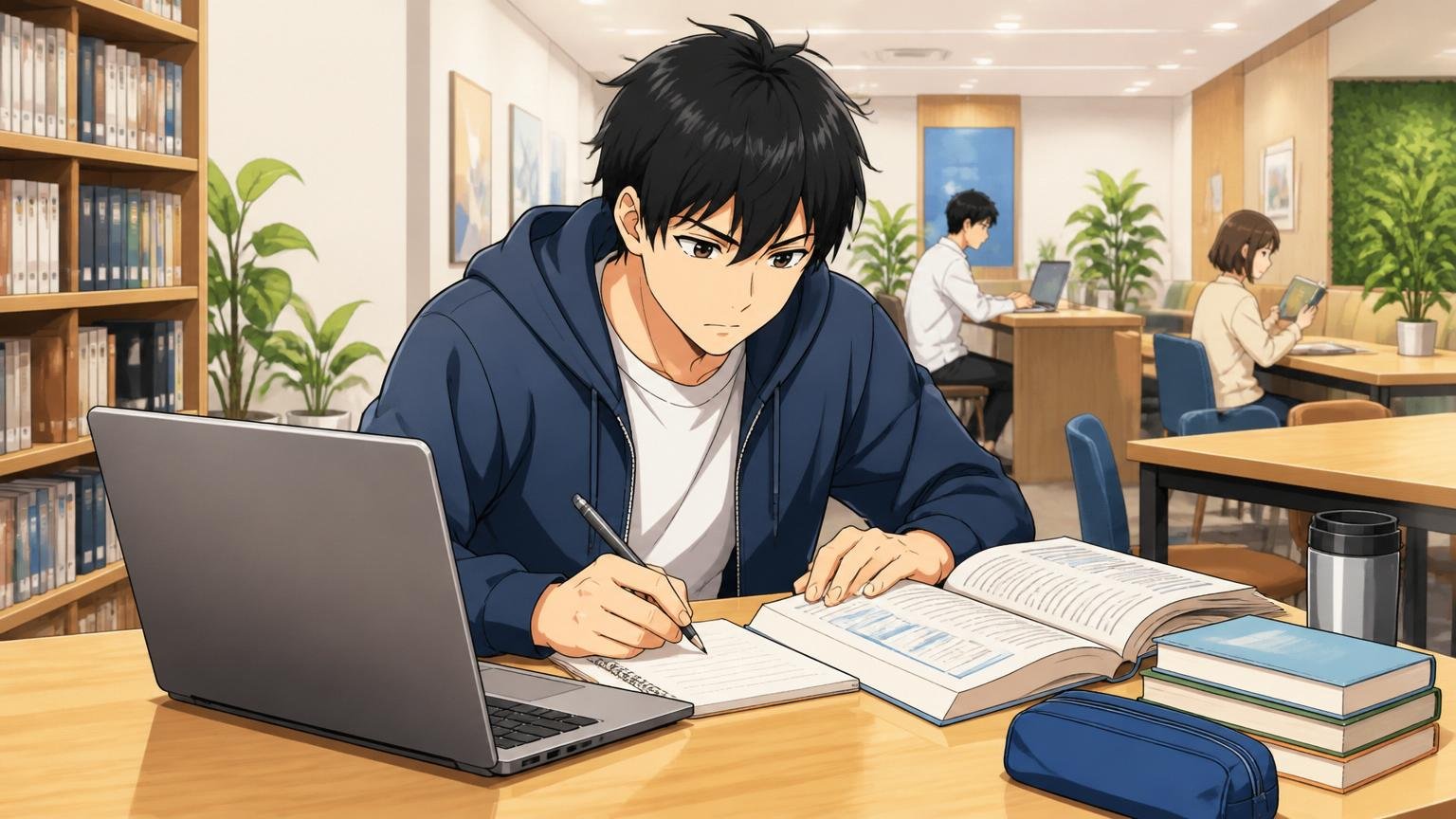 本社の自主学習スペースで20代エンジニアが土曜日にノートPCとテキストを開いて自習している