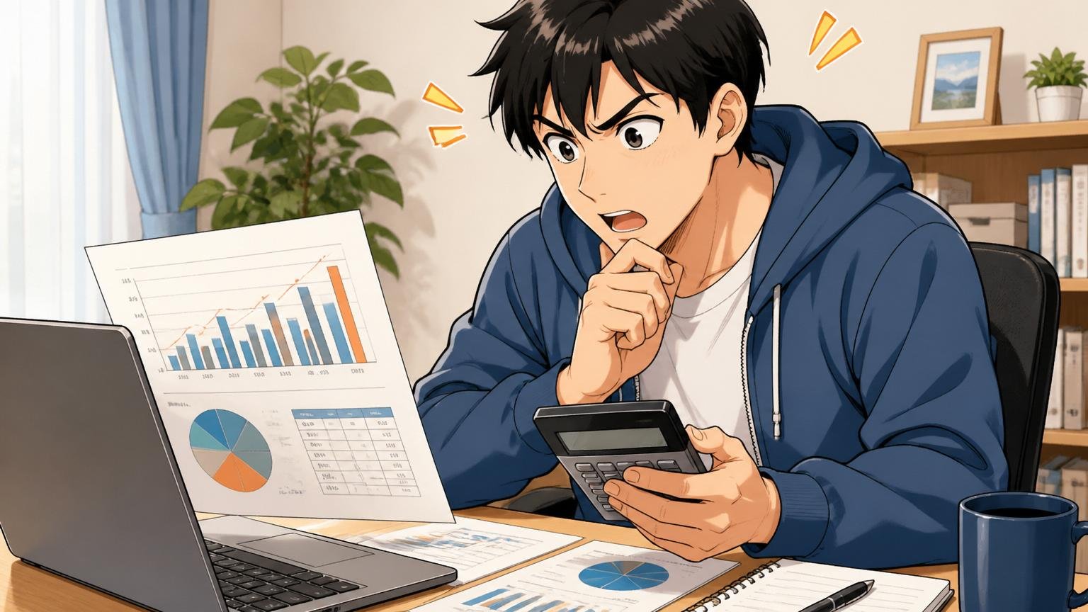 業界平均年収との比較資料を分析する30代エンジニア、自宅のデスクで在宅勤務、電卓を片手に