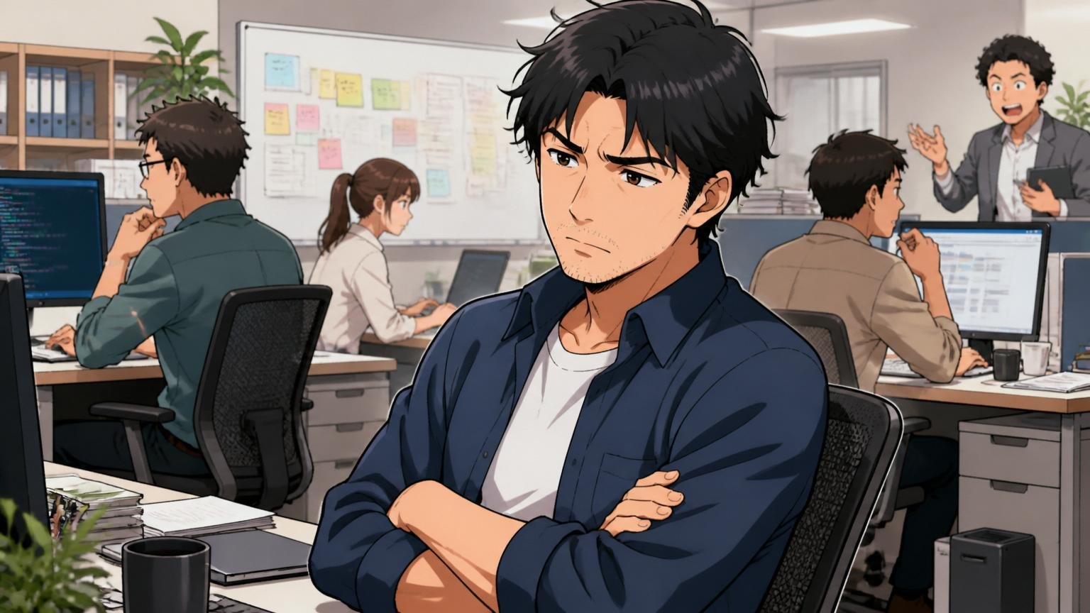 経験者は要注意で向いていない人。IT企業のオフィスで腕を組み転職を考え込む中堅エンジニア1人