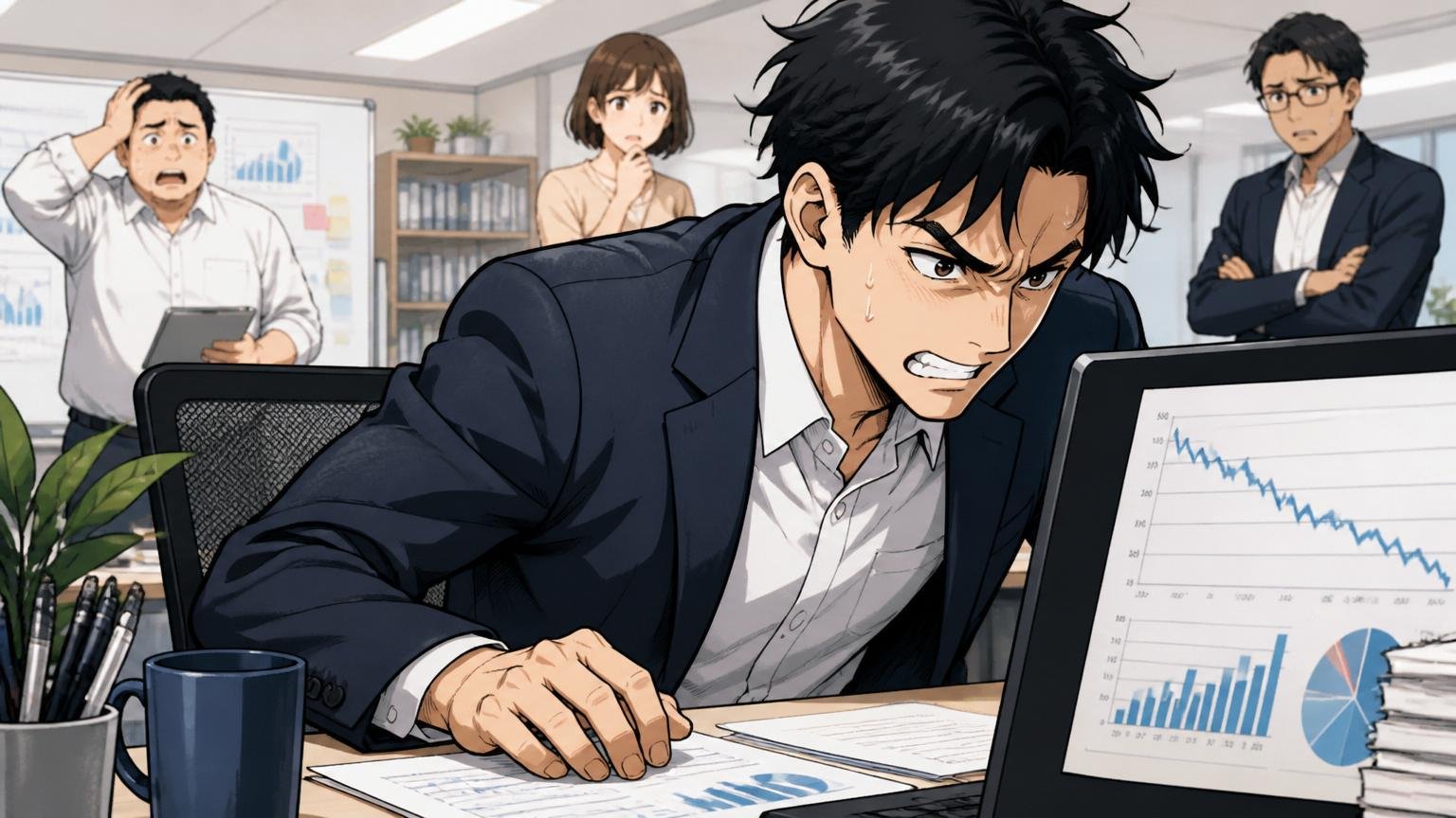 成果プレッシャー、ベンチャー企業のオフィスで数字のグラフを前に厳しい表情の30代男性社員