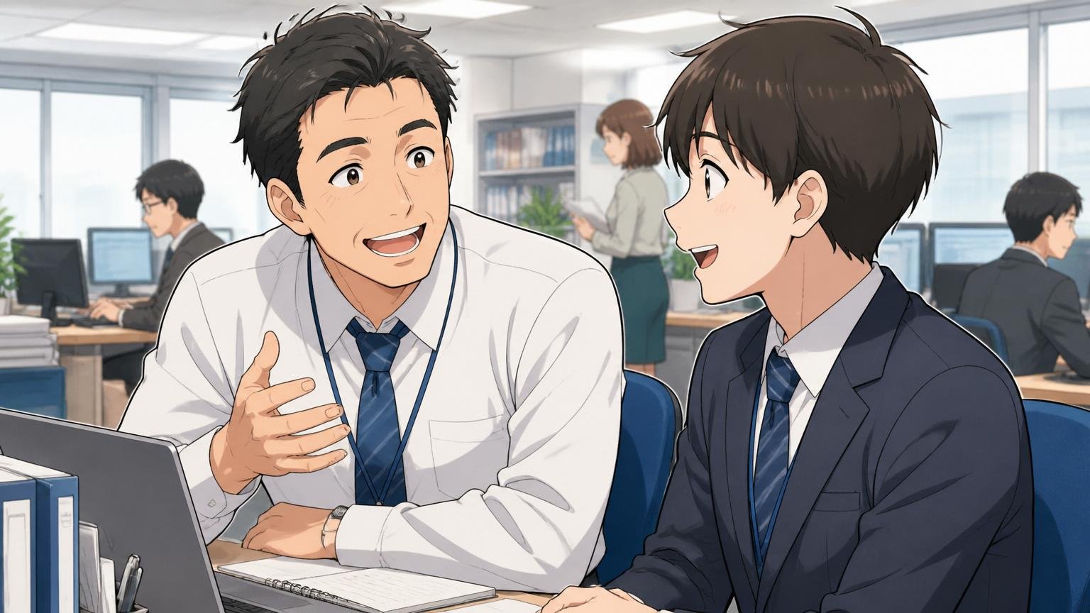 人柄の良さと部署ガチャ。オフィスで先輩男性社員が後輩に親身に相談に乗り穏やかに笑い合う2人