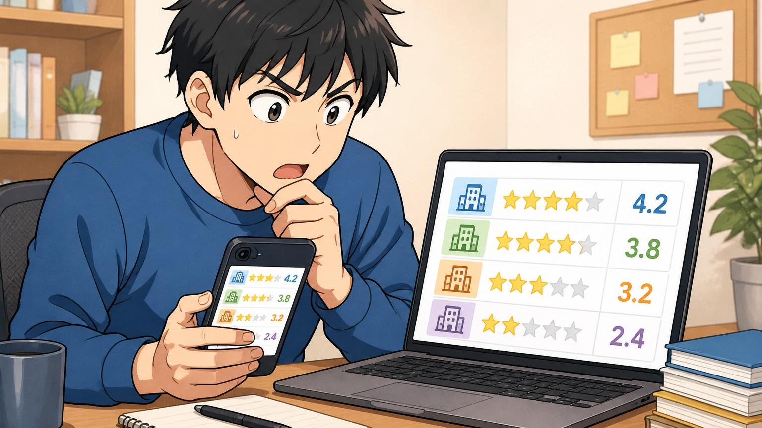複数の口コミサイトの評価点を見比べる転職活動者。自宅のデスクで男性1人がスマホとPCを並べ評価点を比較している