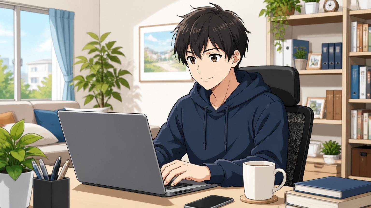 在宅勤務で快適に働くエンジニア|自宅のデスクでリラックスしてノートPCに向かう男性1人が穏やかな表情