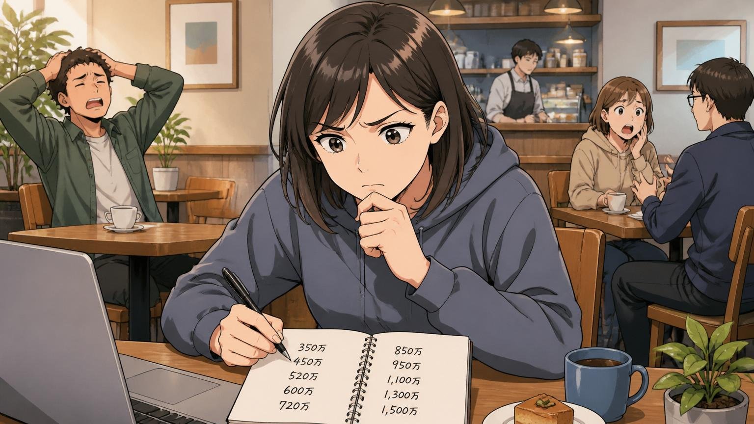 なぜ低いと感じる人が多いのか|カフェでノートに年収の数字を書き出し比較して考え込む20代女性エンジニア
