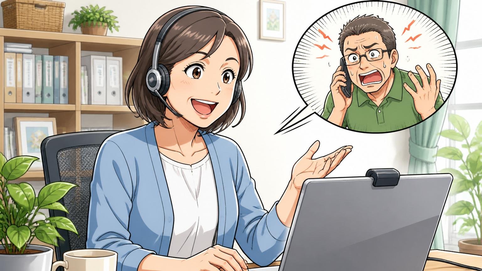 自宅のデスクで在宅勤務をしながらヘッドセットでオンライン対応する40代の女性サポート社員