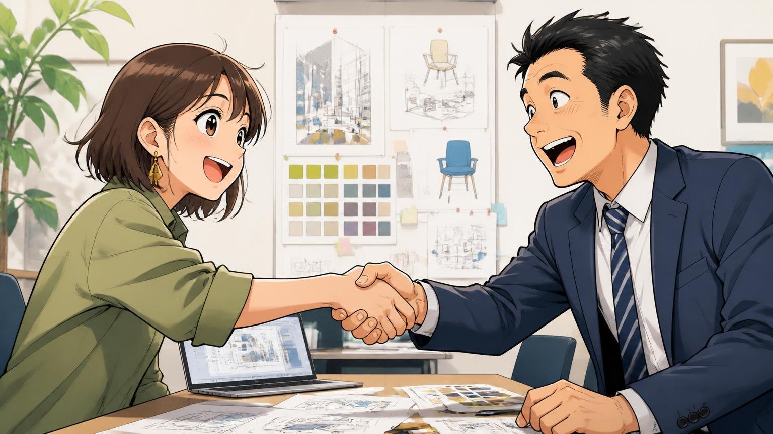 取引先からの評価。打ち合わせスペースでフリーランスの女性デザイナーと担当者が和やかに握手する