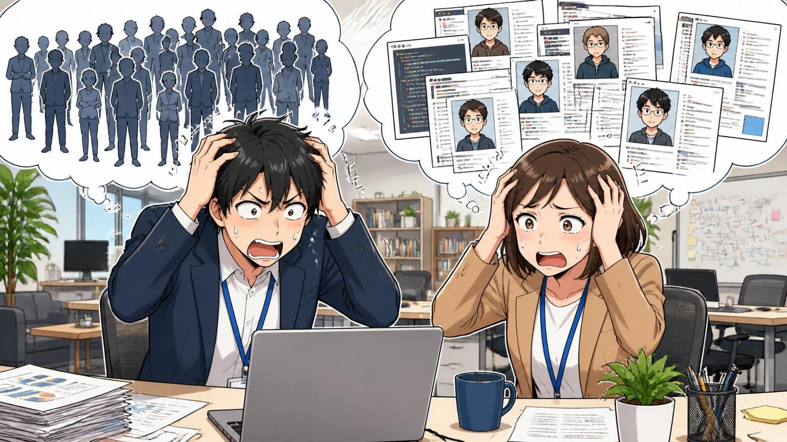 IT人材は構造的に不足している。Web系スタートアップのオフィスで採用担当2人がエンジニア不足に頭を抱える表情