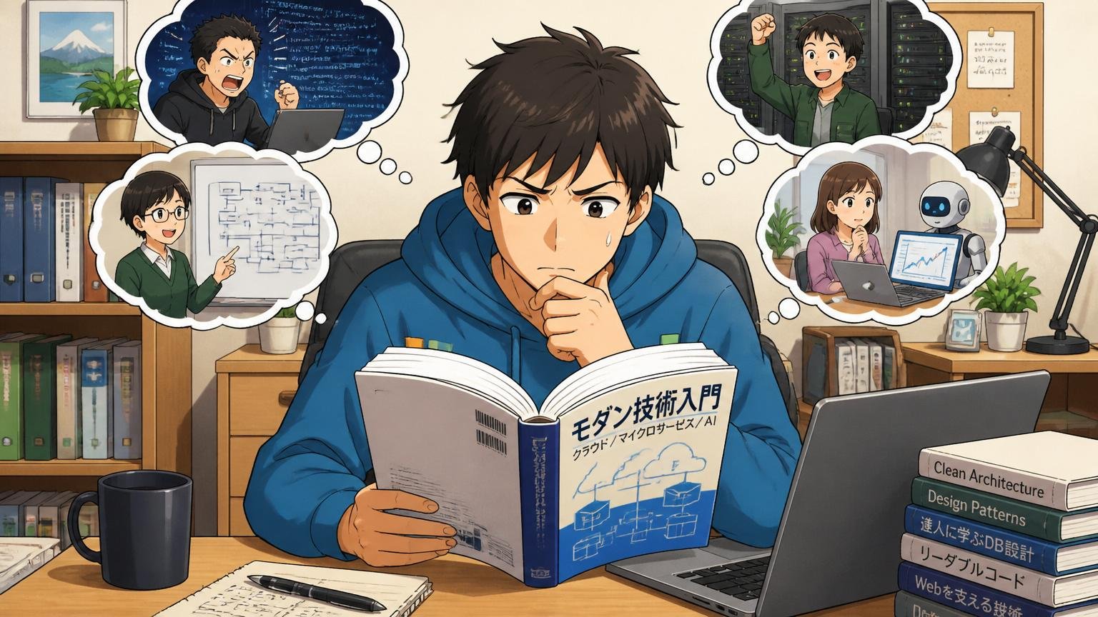 自宅のデスクでモダン技術の本を読み進路に迷うエンジニア1名（20代後半男性）