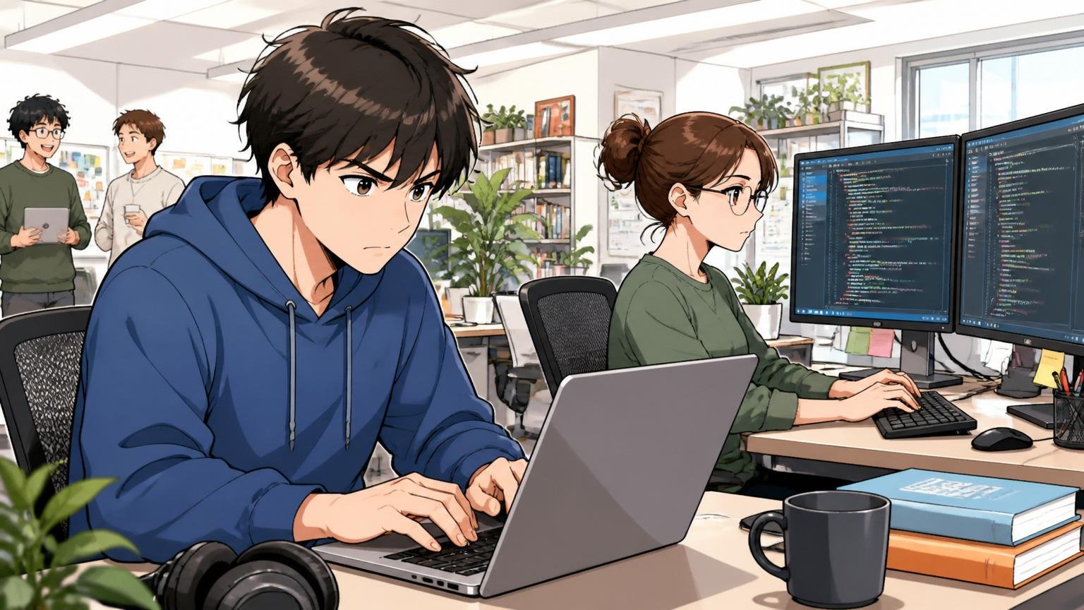 Web系スタートアップのオフィスでコードを書きながら集中している20代男性エンジニアと隣でデュアルモニターを操作する30代女性エンジニア