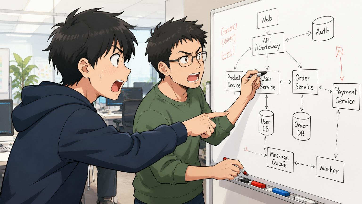 向いていない人の特徴。Web系スタートアップのオフィスでエンジニアが2人ホワイトボードに技術設計を書いている